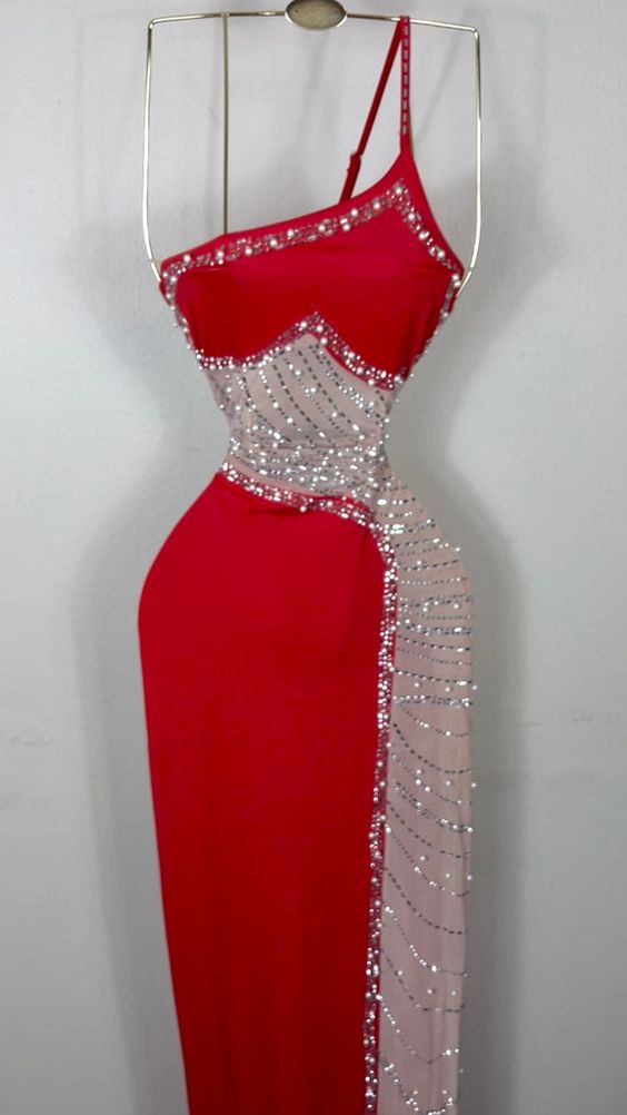 Modest Sheath One Shoulder Red Long Prom Dress Evening Dresses With Beads
