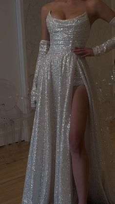 Modest A Line Strapless Sequin Long Prom Dress Slit Evening Dresses With Gloves