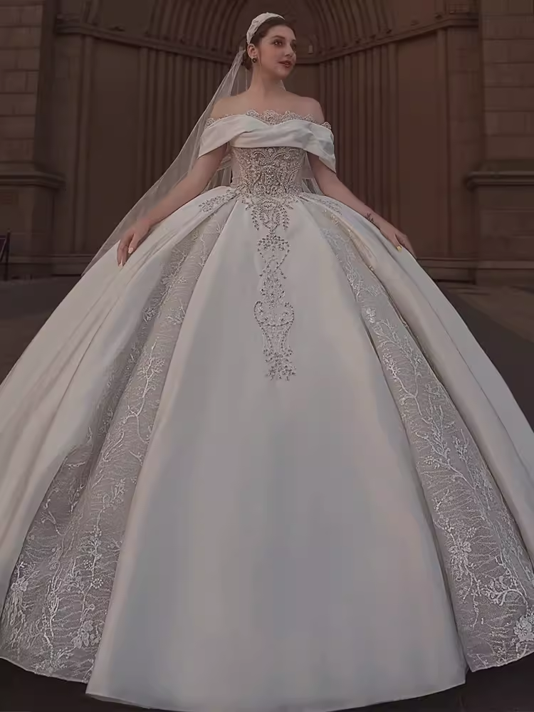 Luxury Ball Gown Off The Shoulder Short Sleeves Satin Wedding Dress
