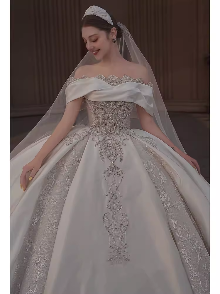 Luxury Ball Gown Off The Shoulder Short Sleeves Satin Wedding Dress