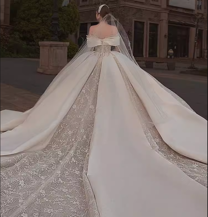 Luxury Ball Gown Off The Shoulder Short Sleeves Satin Wedding Dress