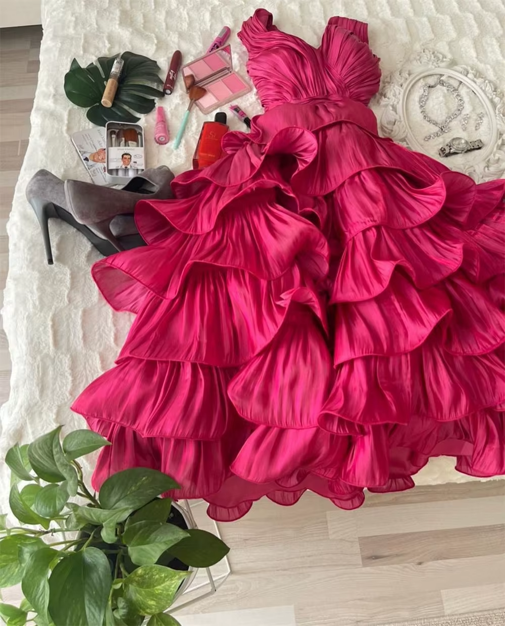 Simple Ball Gown Straps Hot Pink knee Length Ruffles Homecoming Dresses