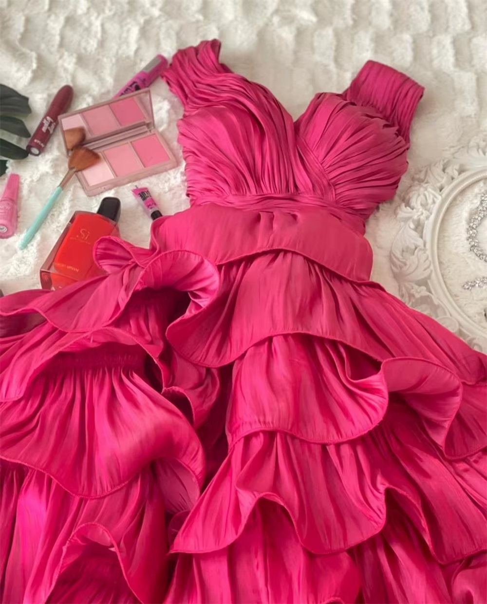 Simple Ball Gown Straps Hot Pink knee Length Ruffles Homecoming Dresses
