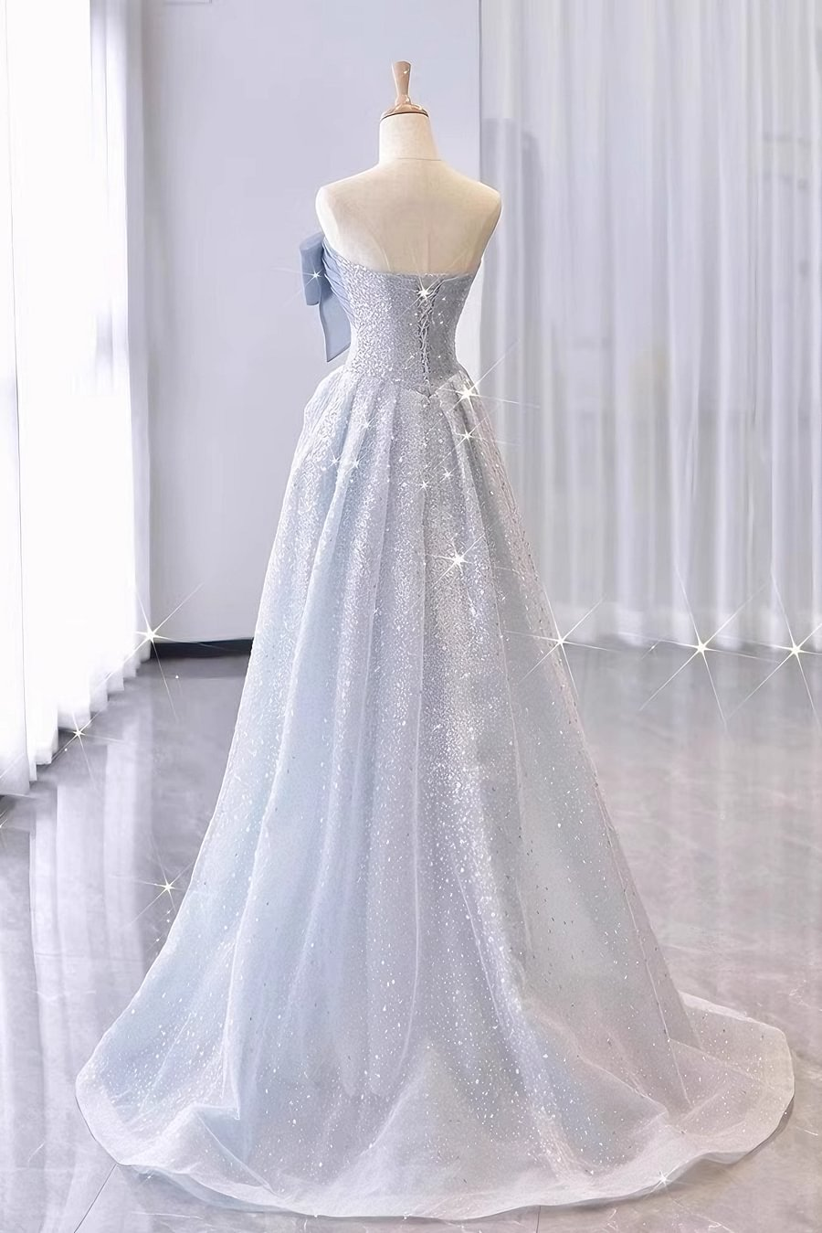 Modest A line Strapless Neckline Gray Sequin Long Prom Dress Evening Dresses