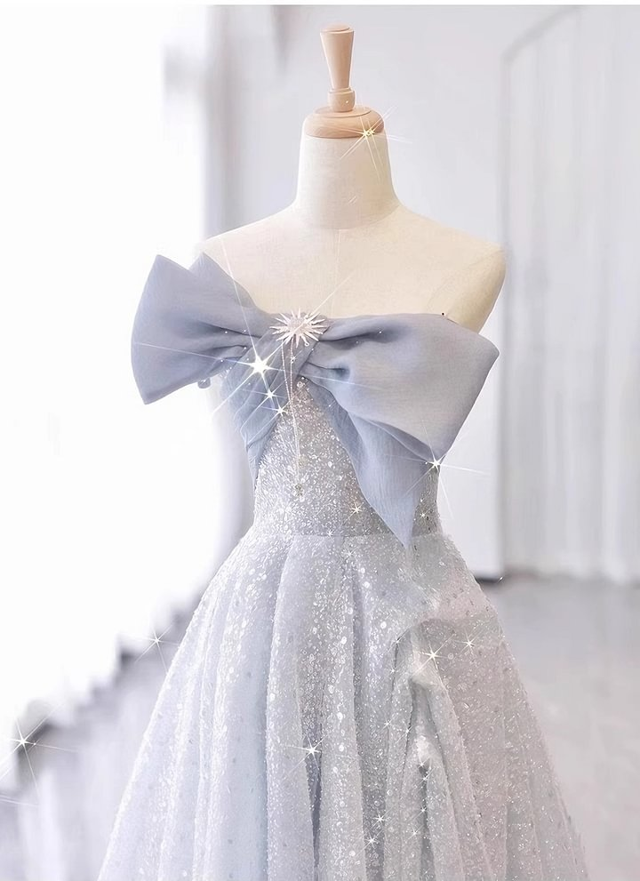 Modest A line Strapless Neckline Gray Sequin Long Prom Dress Evening Dresses