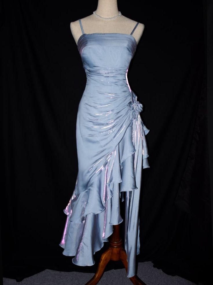 Elegant Sheath Spaghetti Straps Sky Blue Vintage Floral Dress Asymmetrical Hem Prom Dresses