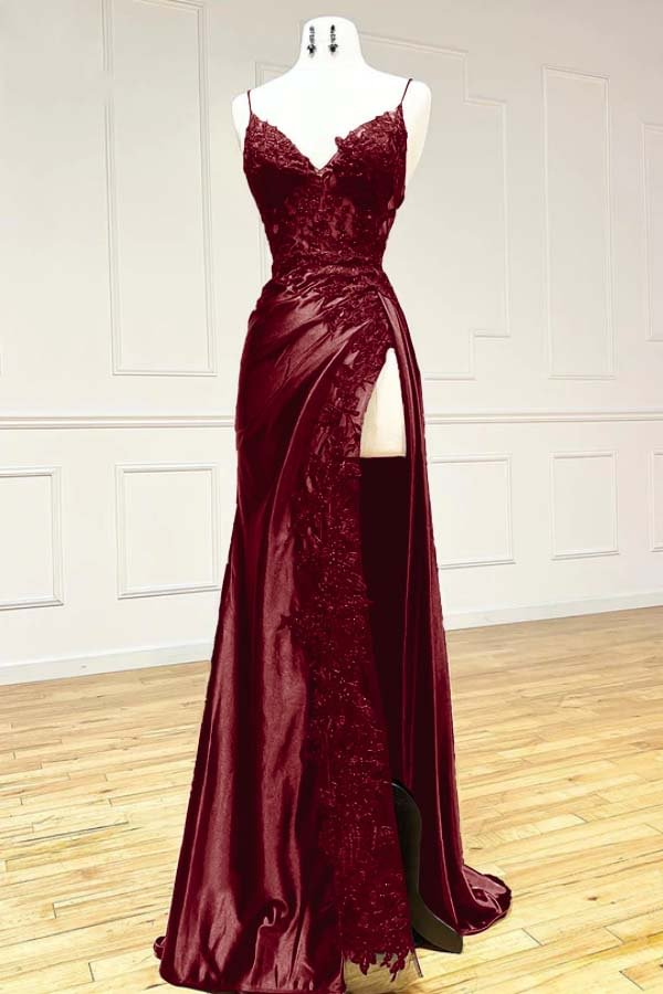 Chic Sheath Spaghetti Straps Burgundy Satin Prom Dress Formal Dress With Ruffles