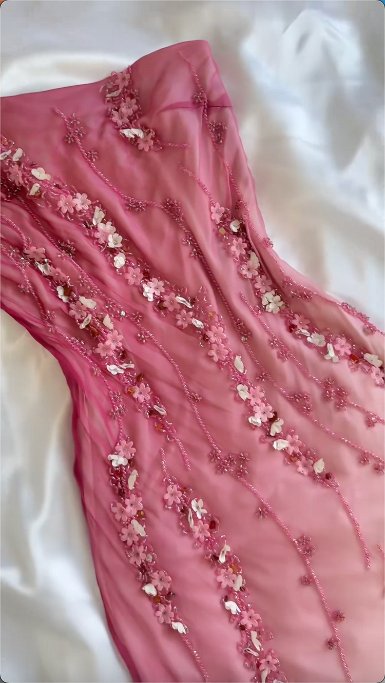 Modest Sheath One Shoulder Chiffon Ombre Pink Long Prom Dress Party Dress With Flowers Beads