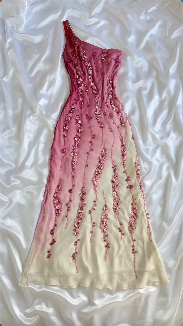 Modest Sheath One Shoulder Chiffon Ombre Pink Long Prom Dress Party Dress With Flowers Beads