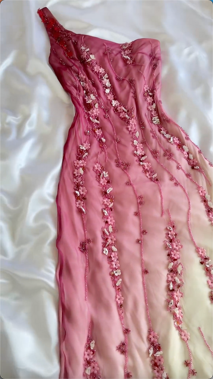 Modest Sheath One Shoulder Chiffon Ombre Pink Long Prom Dress Party Dress With Flowers Beads