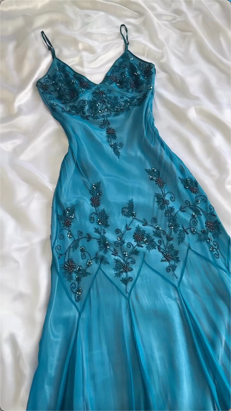 Modest Sheath Spaghetti Straps Chiffon Blue Prom Dress Party Dress With Beads