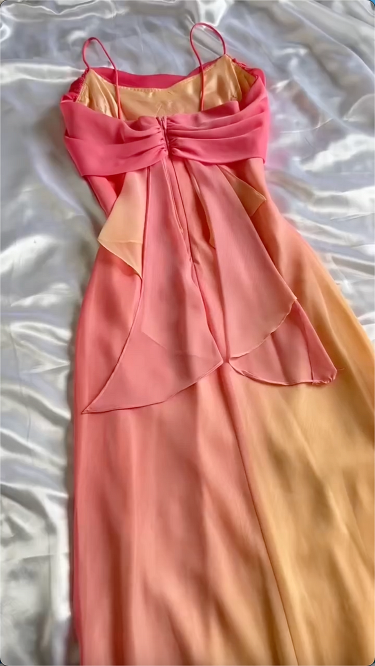 Fairytale Sheath Spaghetti Straps Ombre Chiffon Orange Prom Dresses Evening Dress With Ruffles