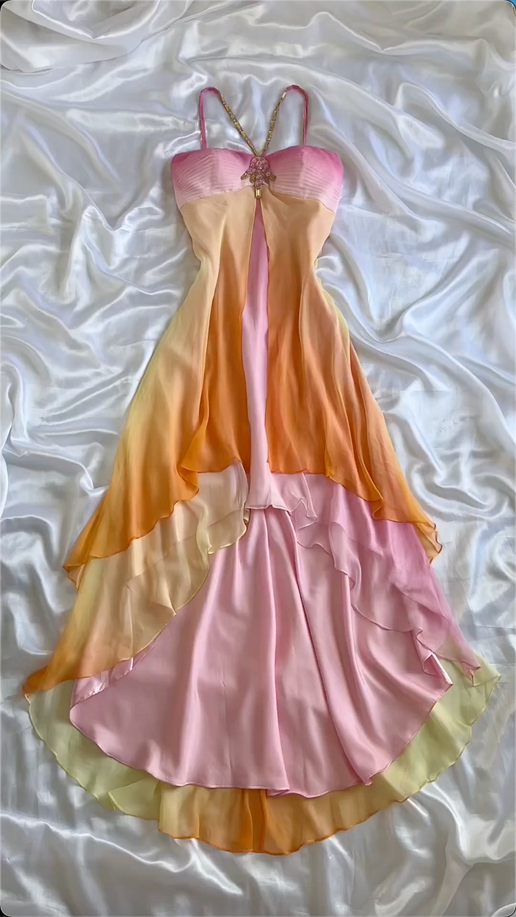 Fairytale High Low Halter Straps Ombre Chiffon Orange Prom Dresses Evening Dress With Beads