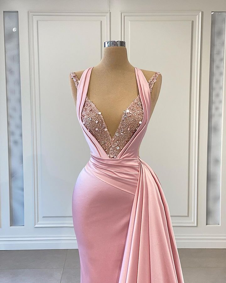 Romantic Pink Mermaid Long Slit Prom Dress With Ruffles