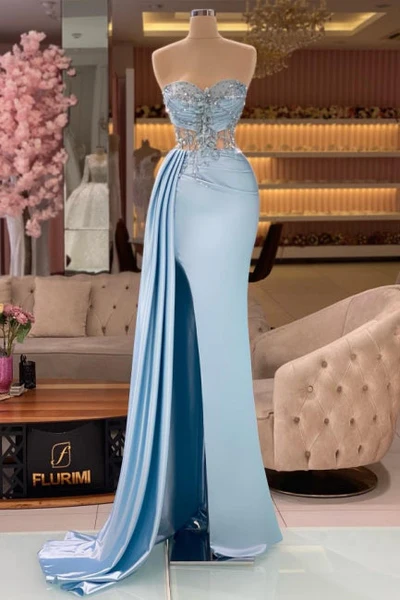 Sexy Mermaid Light Sky Blue Slit Sweetheart Long Prom Dresses