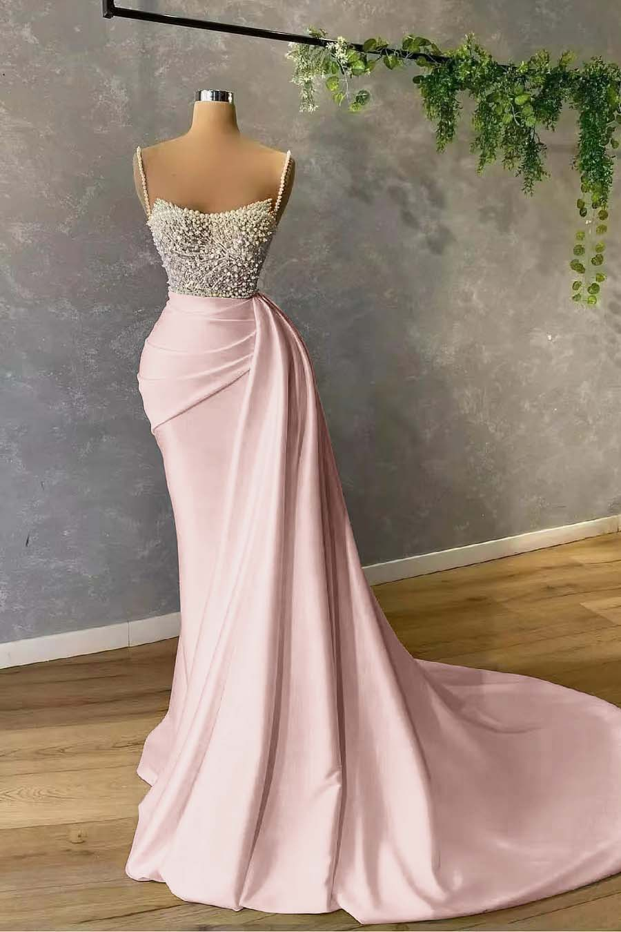 Gorgeous Spaghetti-Straps Pearl Mermaid Prom Dress With Sequins Pleated