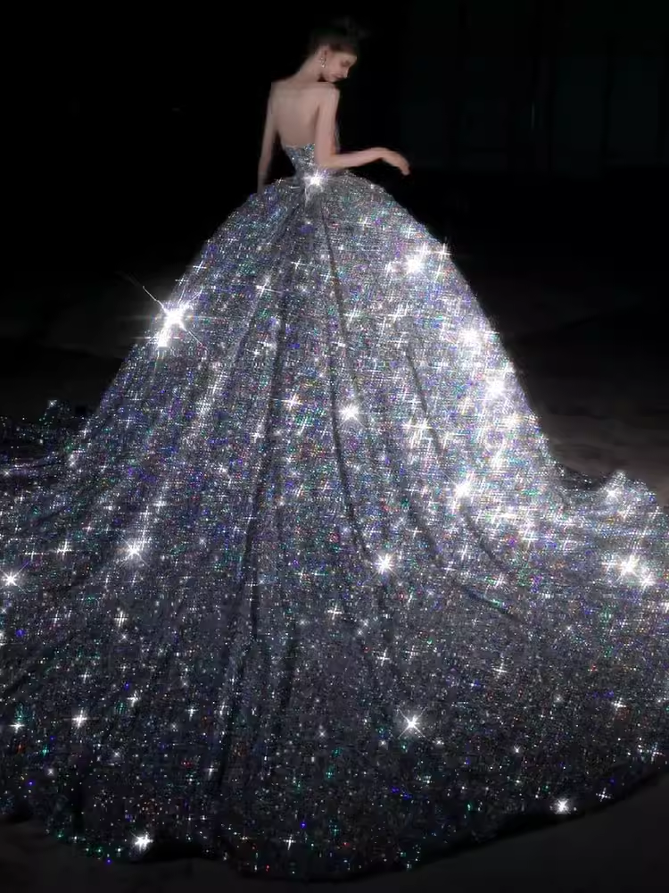 Luxury Ball Gown Strapless Sleeveless Silver Sequin Wedding Dress