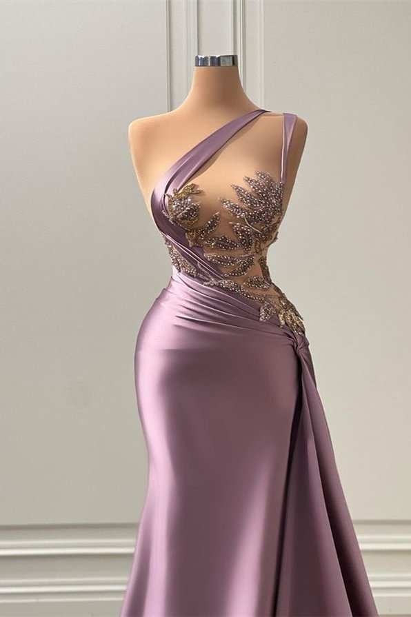Gorgeous Light Purple One-Shoulder Mermaid Prom Dress with Beads and Split