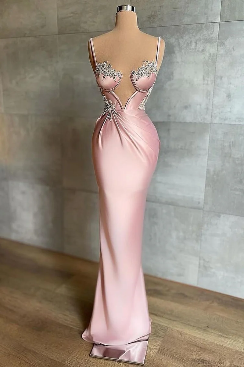 Beautiful Pink Prom Dress with Spaghetti Straps and Beadings