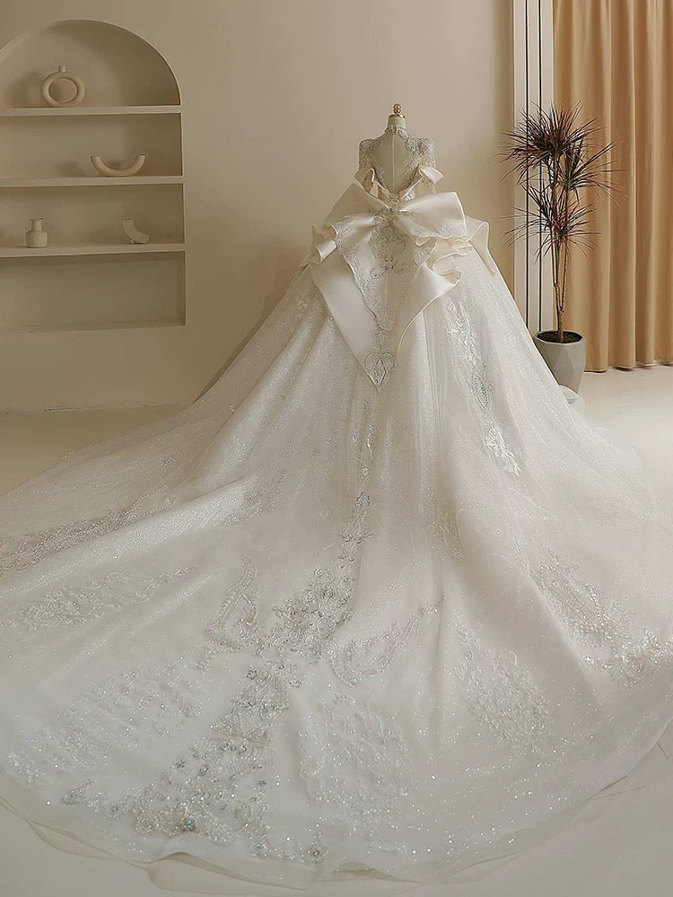Unique Ball Gown High Neckline Sequin Lace Long White Wedding Dresses