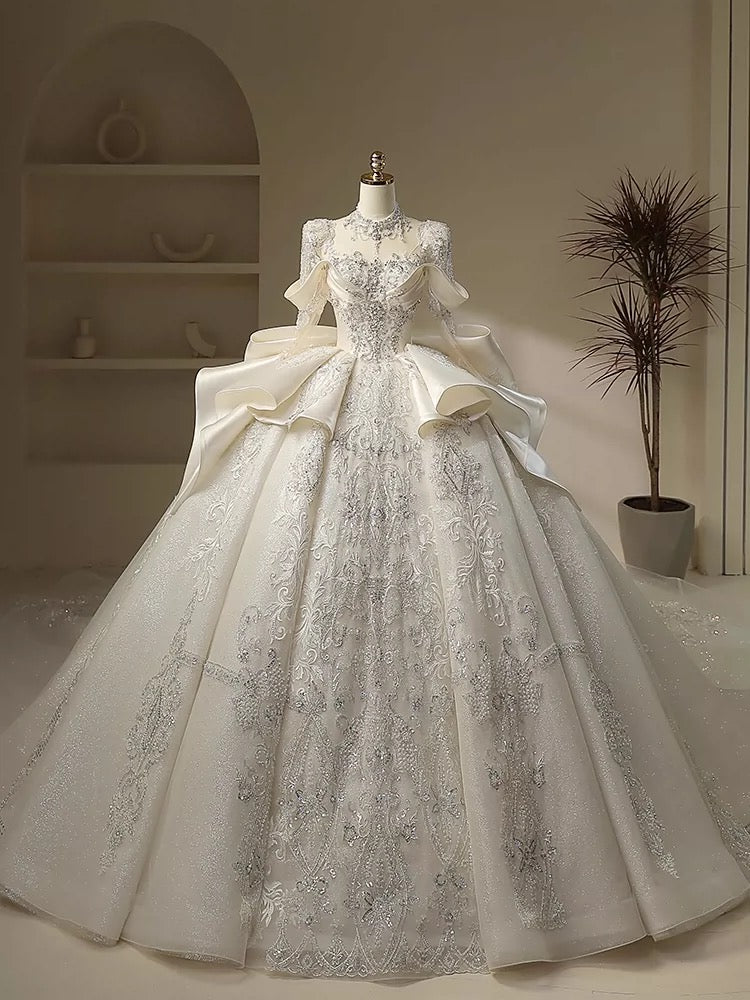 Unique Ball Gown High Neckline Sequin Lace Long White Wedding Dresses