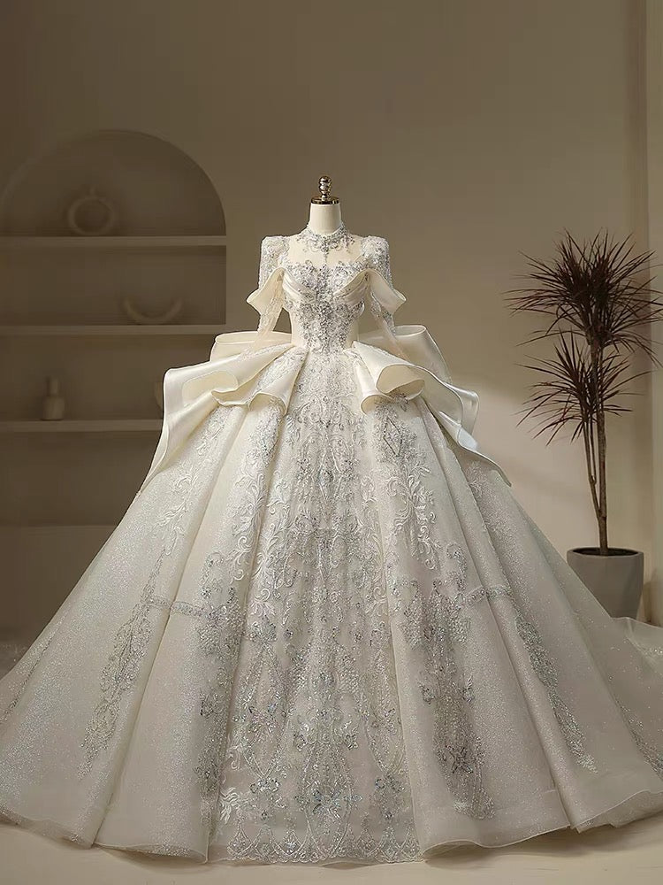 Unique Ball Gown High Neckline Sequin Lace Long White Wedding Dresses