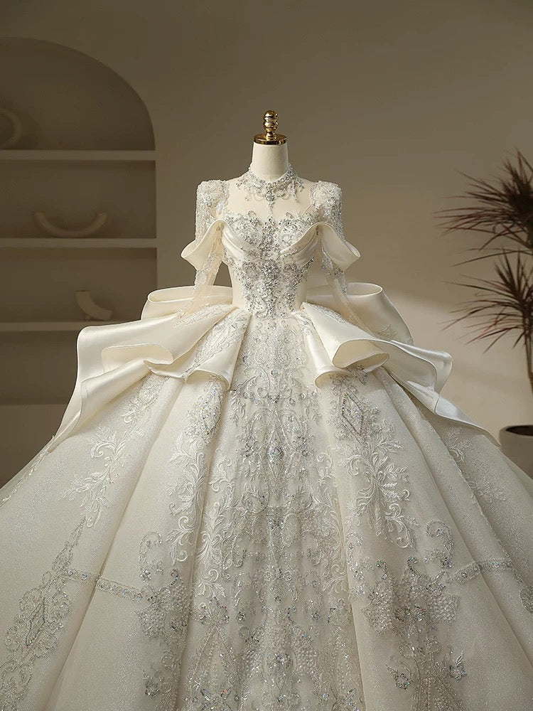 Unique Ball Gown High Neckline Sequin Lace Long White Wedding Dresses