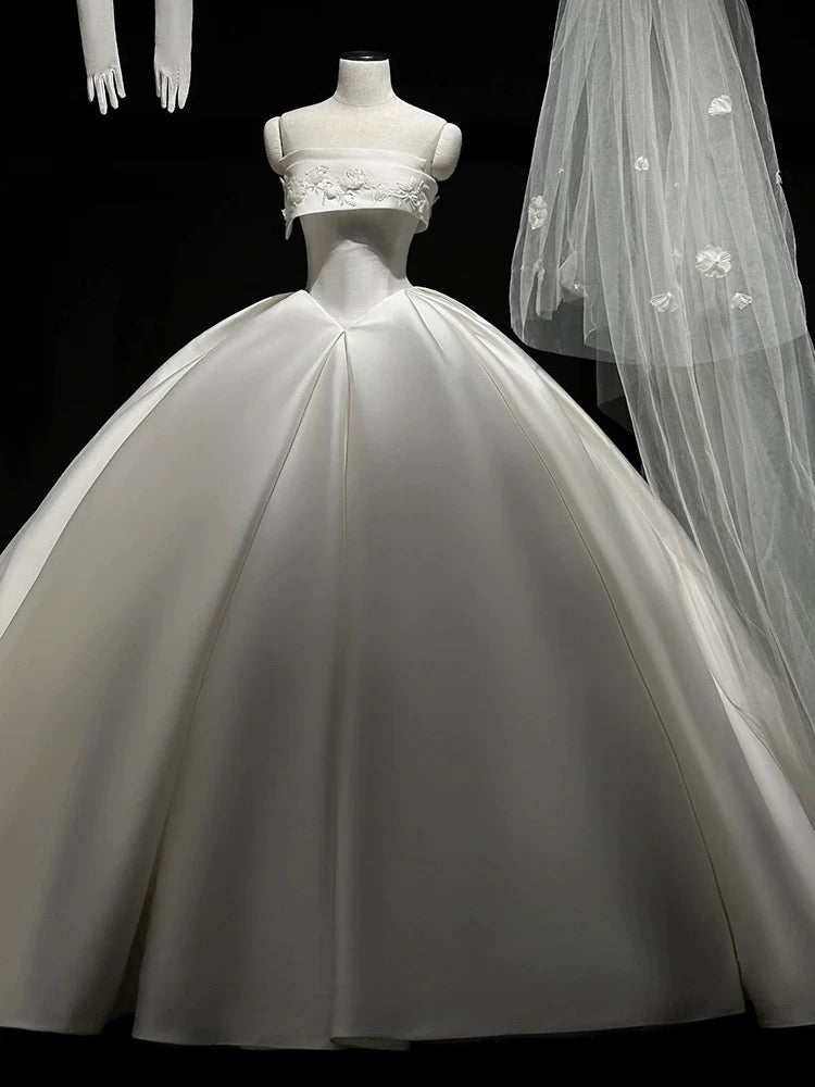 Simple Ball Gown Strapless Satin Long White Wedding Dresses With Lace