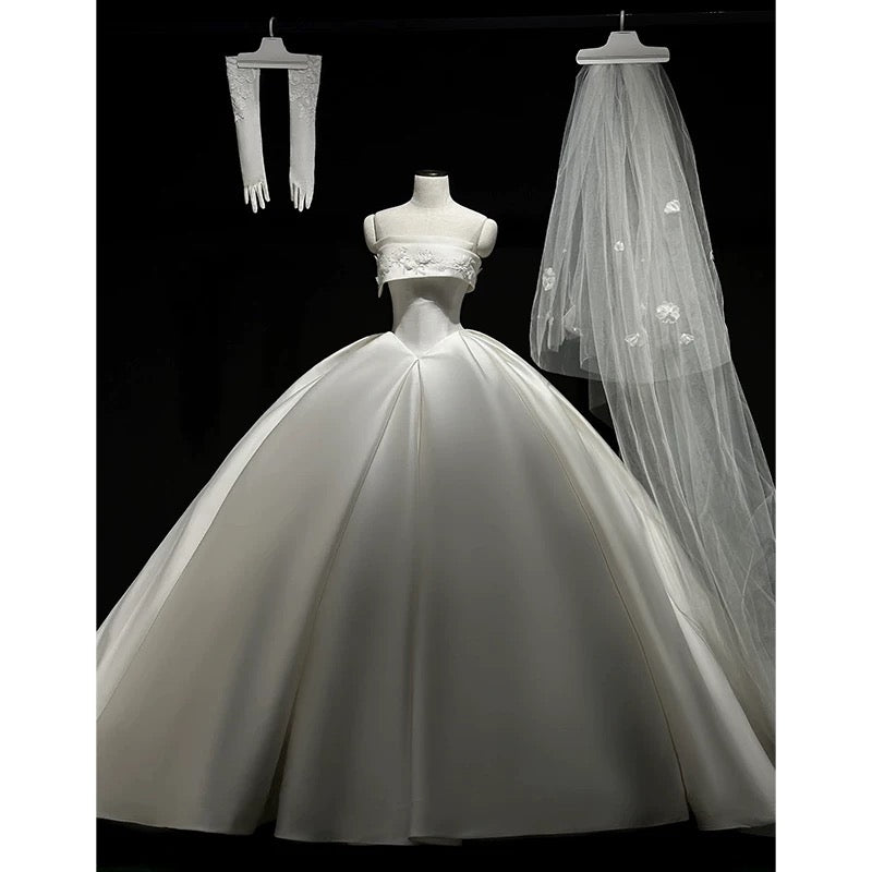 Simple Ball Gown Strapless Satin Long White Wedding Dresses With Lace