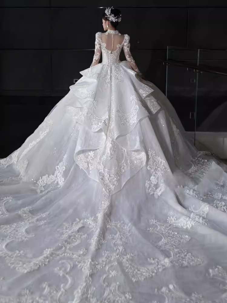 Luxury Ball Gown High Neckline Long Sleeves Lace White Wedding Dress