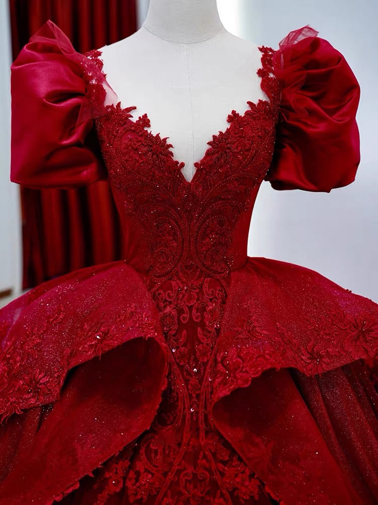 Dreamy Ball Gown V Neckline Red Lace Long Wedding Dresses With Lace