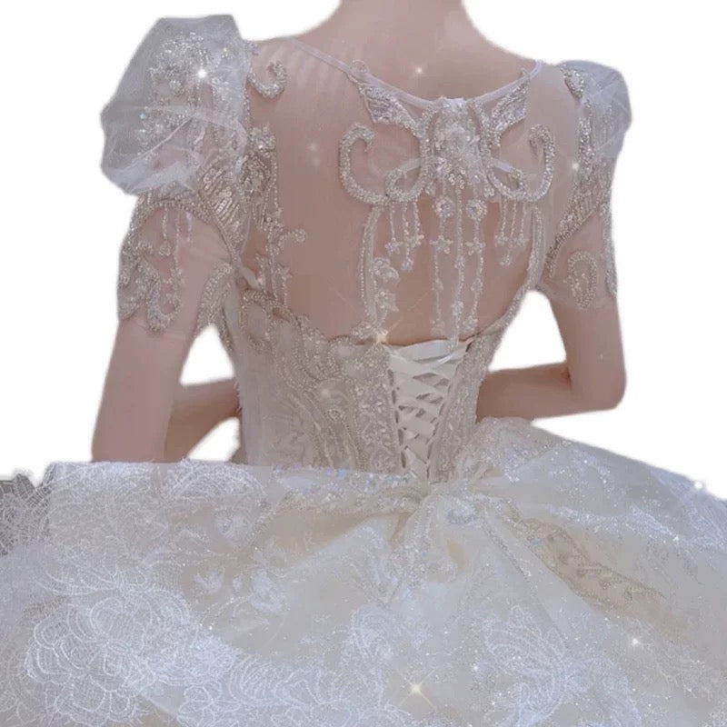 Dreamy Ball Gown Scoop Neckline White Lace Long Wedding Dresses With Beads