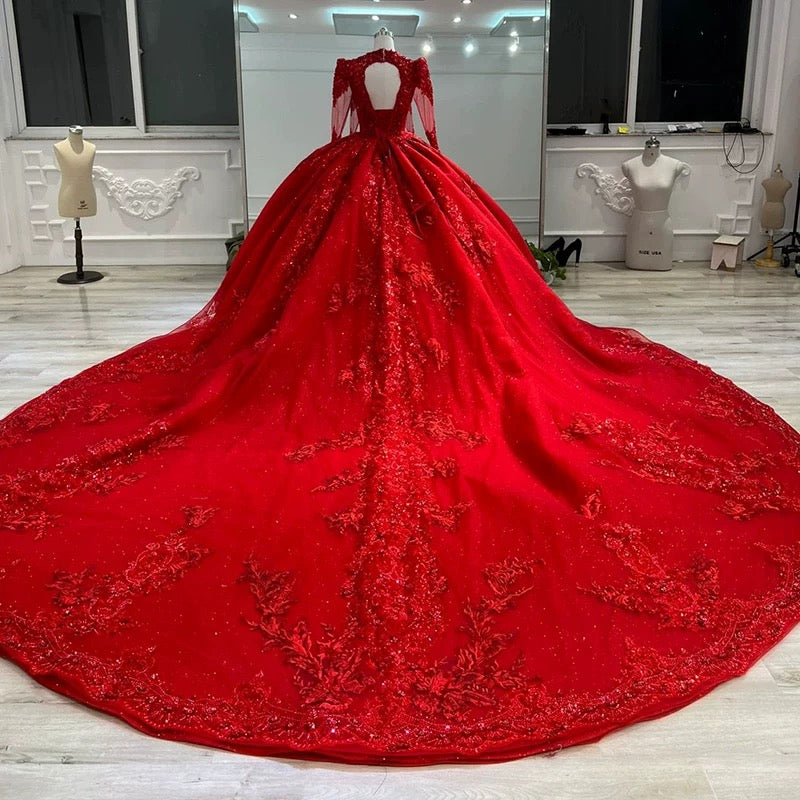 Dreamy Ball Gown V Neckline Red Long Sleeves Lace Long Wedding Dresses With Beads