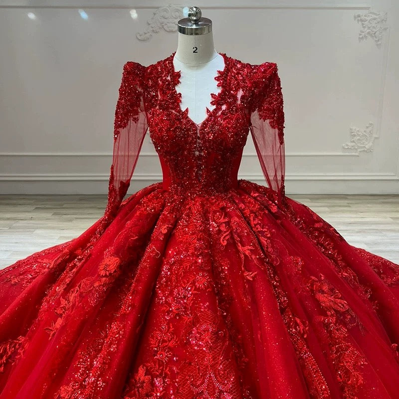 Dreamy Ball Gown V Neckline Red Long Sleeves Lace Long Wedding Dresses With Beads