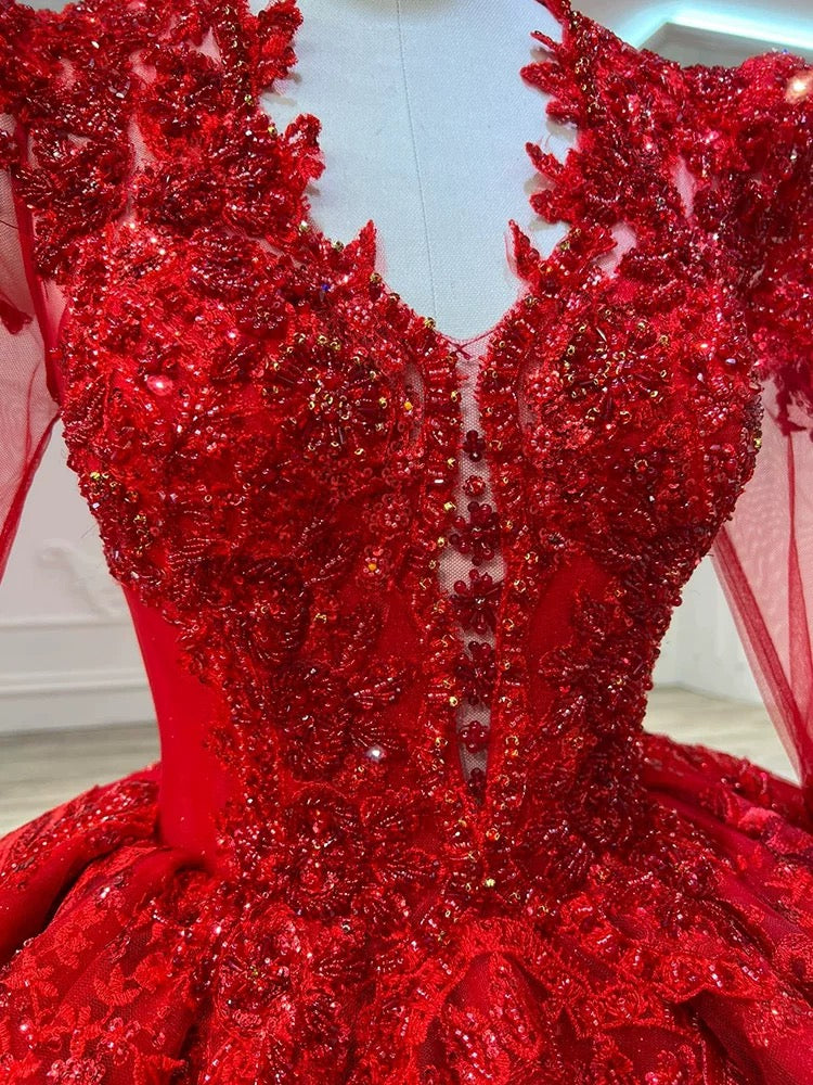 Dreamy Ball Gown V Neckline Red Long Sleeves Lace Long Wedding Dresses With Beads