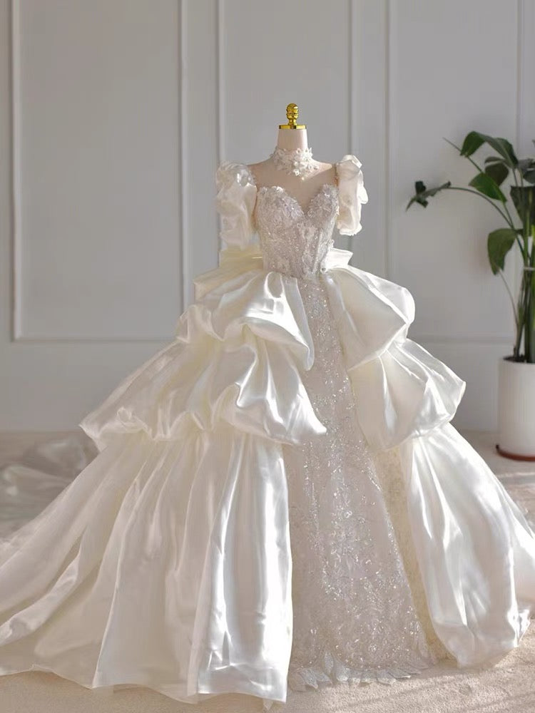 Dreamy Ball Gown High Neckline Short Sleeves White Lace Wedding Dresses With Beads