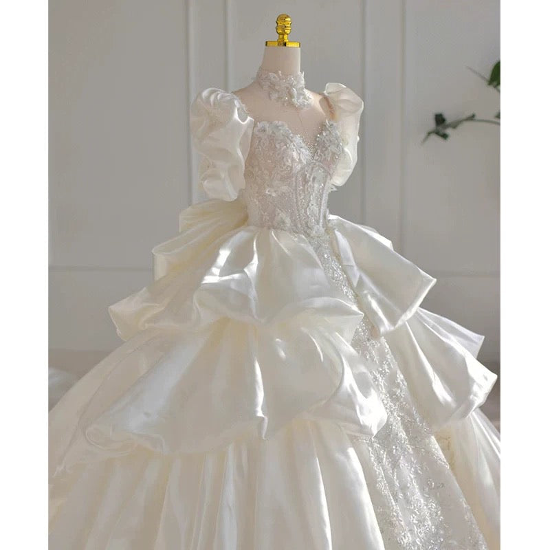 Dreamy Ball Gown High Neckline Short Sleeves White Lace Wedding Dresses With Beads