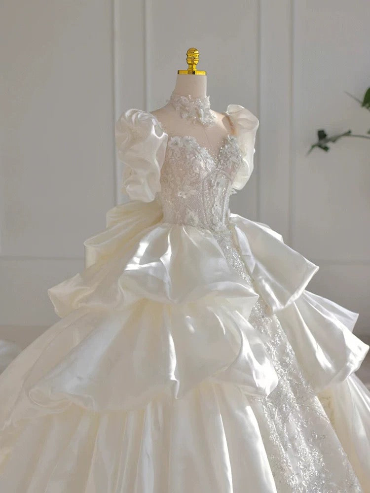 Dreamy Ball Gown High Neckline Short Sleeves White Lace Wedding Dresses With Beads