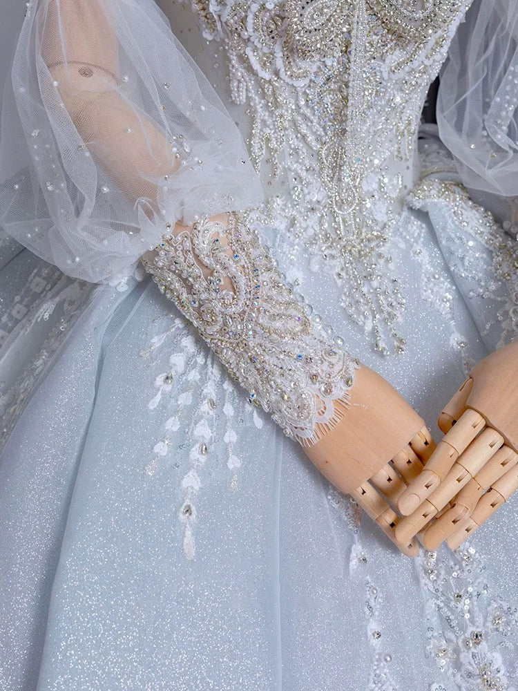 Dreamy Ball Gown Sweetheart Long Puffy Sleeves Lace Wedding Dresses With Beads