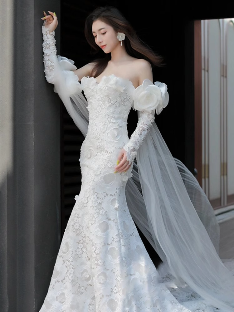 Luxury Mermaid Off The Shoulder Neckline Long Sleeves Lace White Wedding Dress
