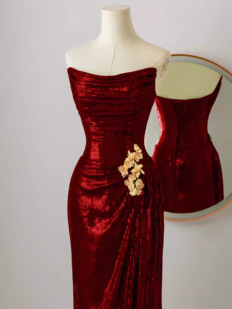 Simple Mermaid Strapless Red Sequin Long Prom Dresses C17