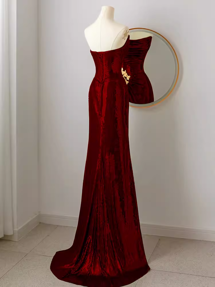 Simple Mermaid Strapless Red Sequin Long Prom Dresses C17