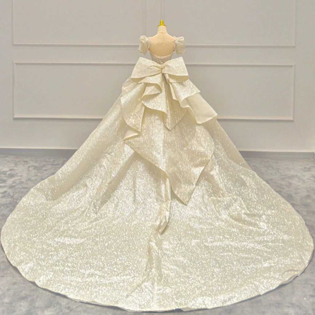 Timeless Ball Gown Sweetheart Long Puffy Sleeves Sequin Wedding Dresses With Bowknot