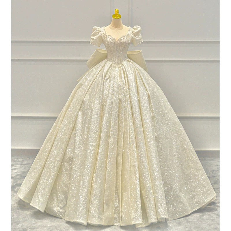 Timeless Ball Gown Sweetheart Long Puffy Sleeves Sequin Wedding Dresses With Bowknot