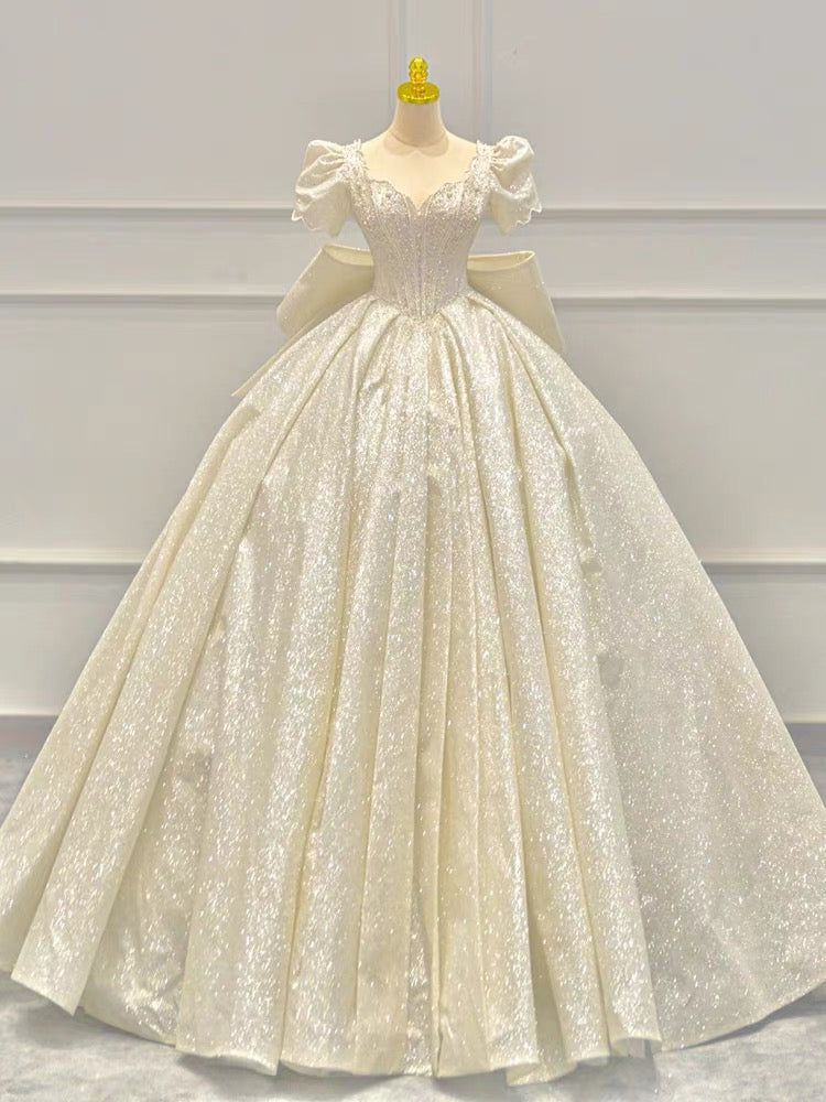 Timeless Ball Gown Sweetheart Long Puffy Sleeves Sequin Wedding Dresses With Bowknot