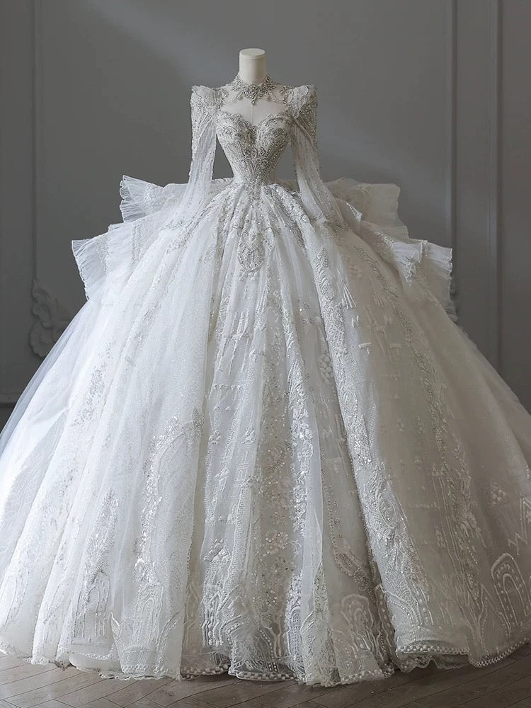 Dreamy Ball Gown Sweetheart Long Sleeves White Lace Wedding Dresses With Beads