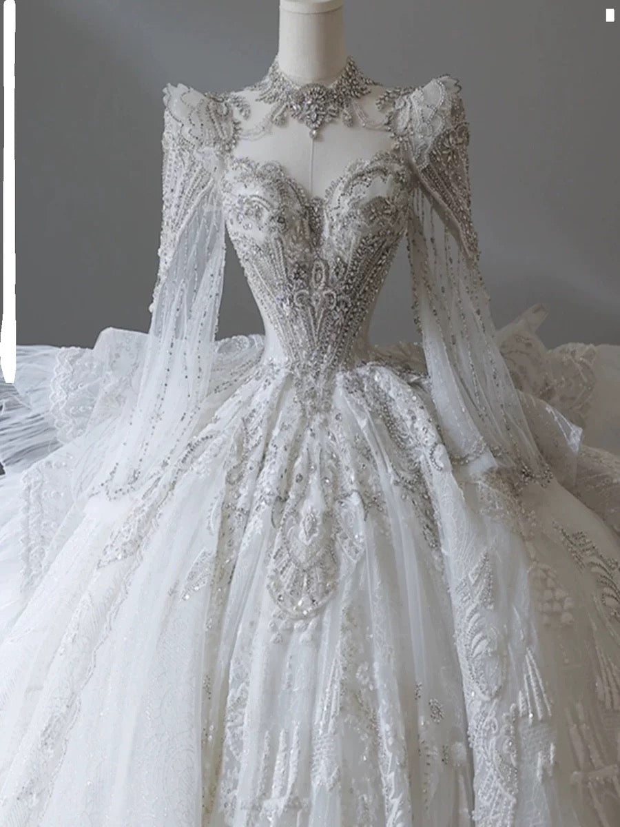 Dreamy Ball Gown Sweetheart Long Sleeves White Lace Wedding Dresses With Beads