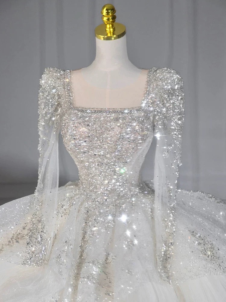 Dreamy Ball Gown Square Neckline Sequin White Long Sleeves Wedding Dresses With Beads