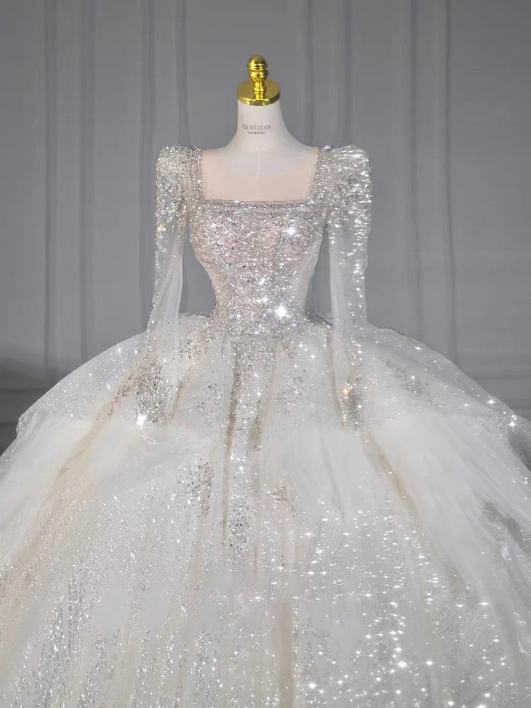 Dreamy Ball Gown Square Neckline Sequin White Long Sleeves Wedding Dresses With Beads