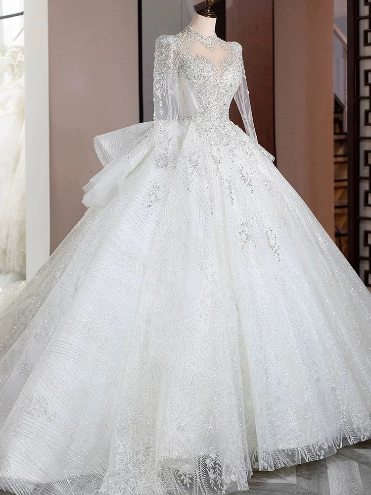 Dreamy Ball Gown High Neckline Sequin White Long Sleeves Wedding Dresses With Beads